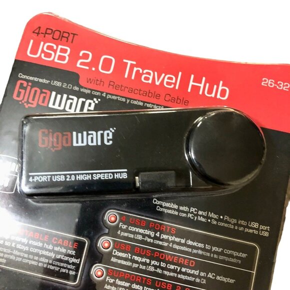 Gigaware 4-Port USB 2.0 Travel Hub with Retractable Cable Used - Picture 2 of 8